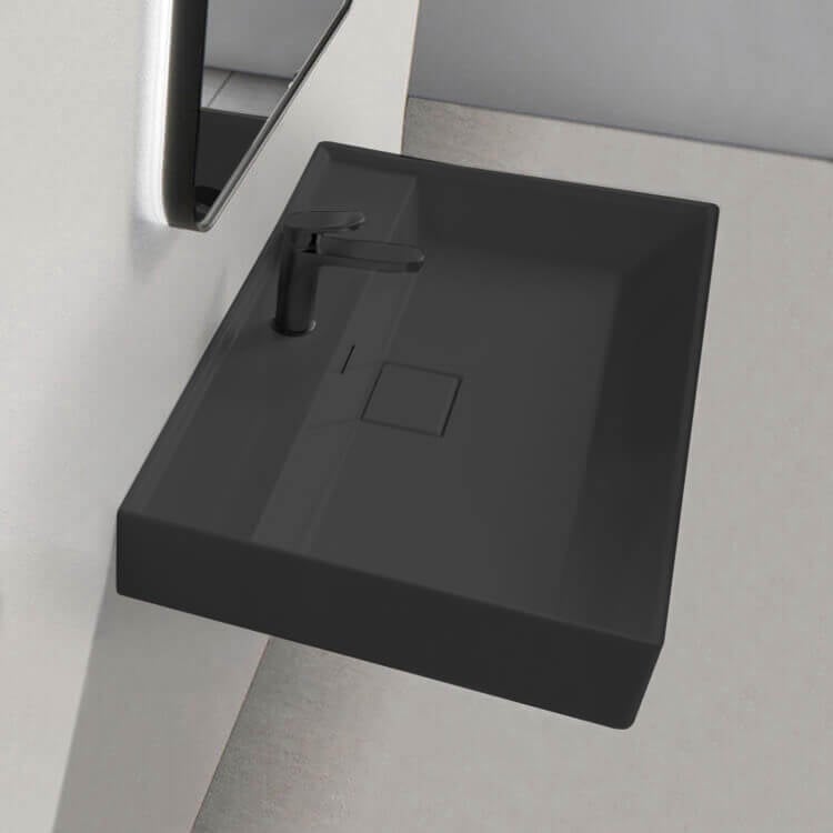 Bathroom Sink, CeraStyle 037107-U-97-One Hole, Rectangular Matte Black Ceramic Wall Mounted or Drop In Sink